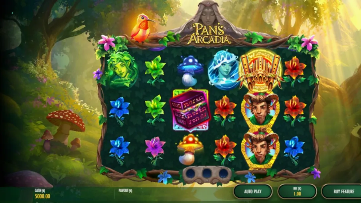 Pemandangan hutan mitos dalam slot Pan’s Arcadia