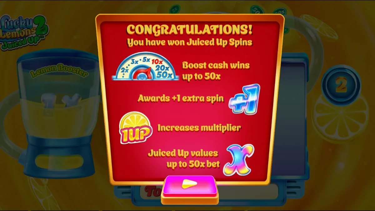 Tampilan layar permainan slot Lucky Lemons 2 Juiced Up dengan simbol buah yang cerah