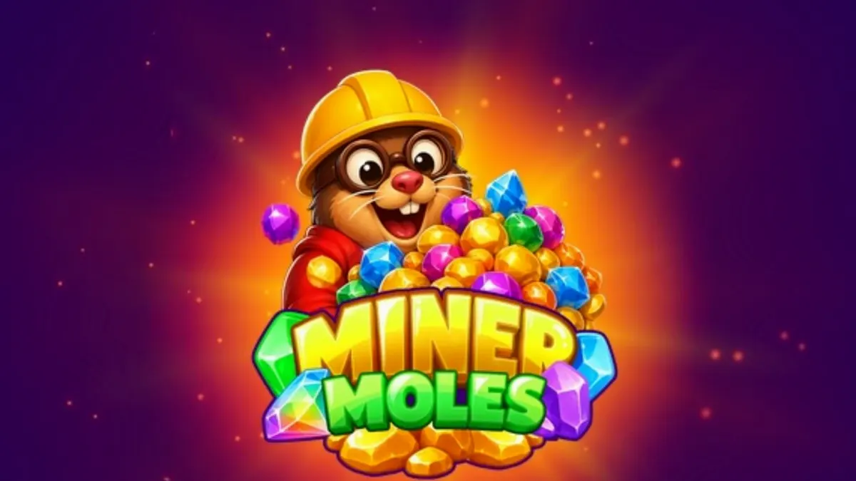 Karakter tahi lalat penambang yang ceria di depan grid slot Miner Moles yang penuh permata.