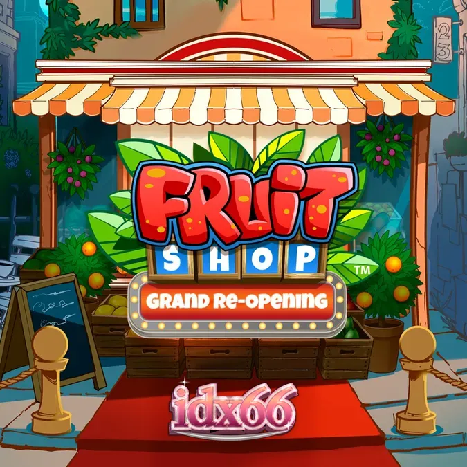 Tampilan visual slot Fruit Shop Grand Re-Opening dengan simbol buah klasik dan antarmuka modern