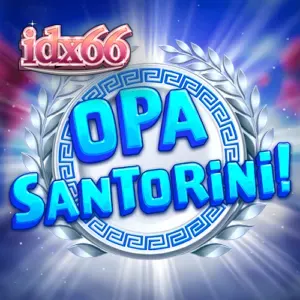 Tampilan visual slot Opa Santorini dengan latar belakang bangunan khas Yunani